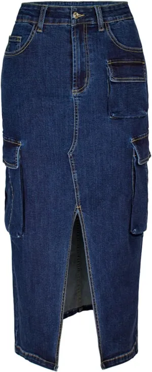 Women Split Front Cargo Denim Skirt Y2K High Waist Slim Fit Pencil Skirts Vintage Streetwear Midi Skirt with Pockets