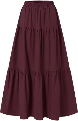 Women Summer High Waist Long Skirt Casual Solid Color Cotton Linen Pleated Skirt Loose Swing Beach Skirt