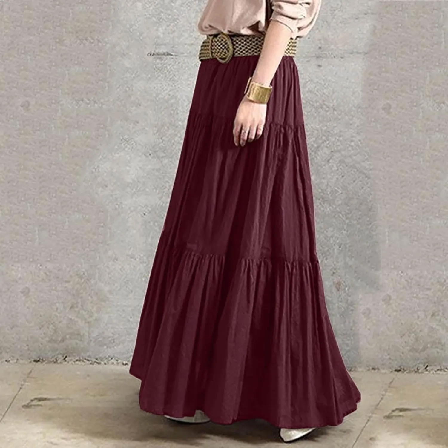 Women Summer High Waist Long Skirt Casual Solid Color Cotton Linen Pleated Skirt Loose Swing Beach Skirt