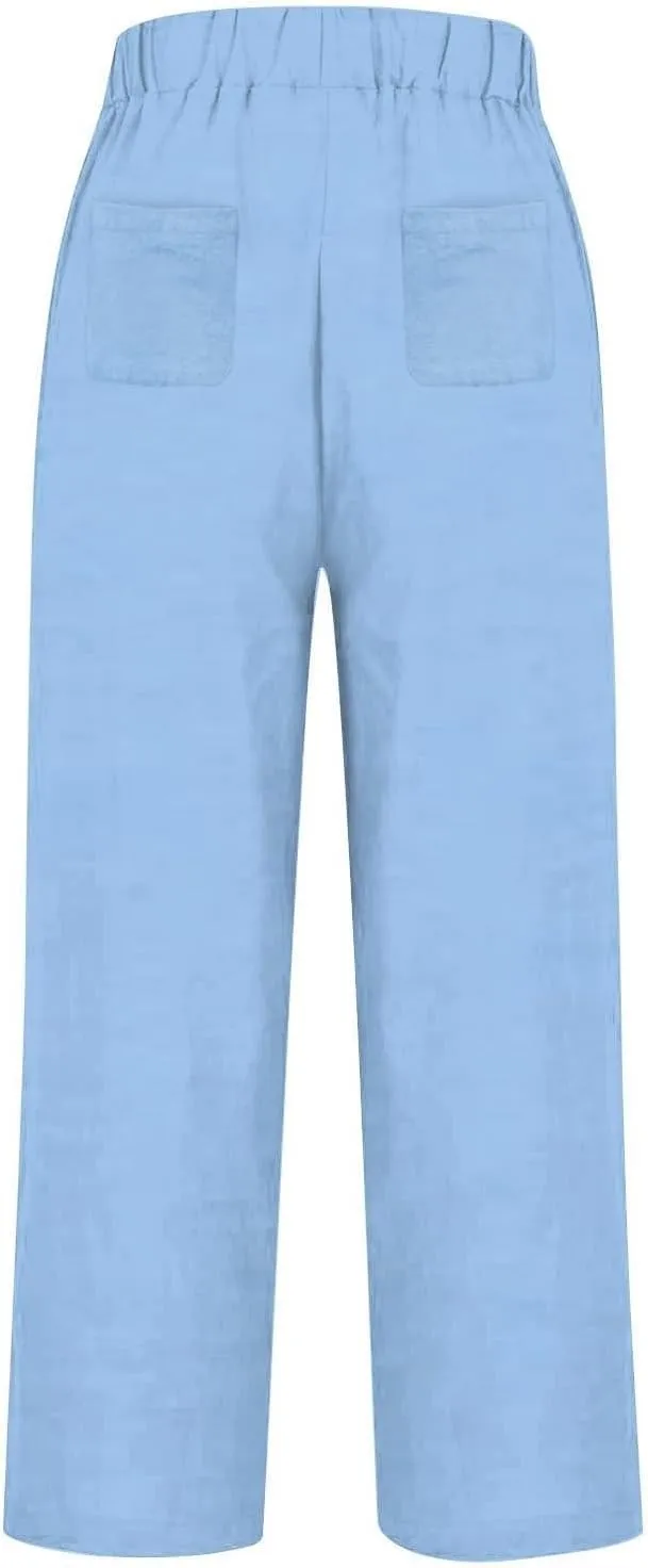 Women Wide Leg Linen Pants Casual Summer Elastic High Waisted Palazzo Pants Loose Flowy Cropped Trousers with Pockets