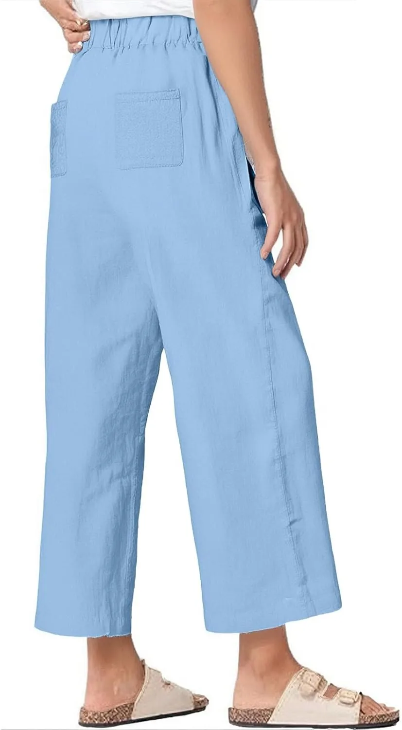 Women Wide Leg Linen Pants Casual Summer Elastic High Waisted Palazzo Pants Loose Flowy Cropped Trousers with Pockets