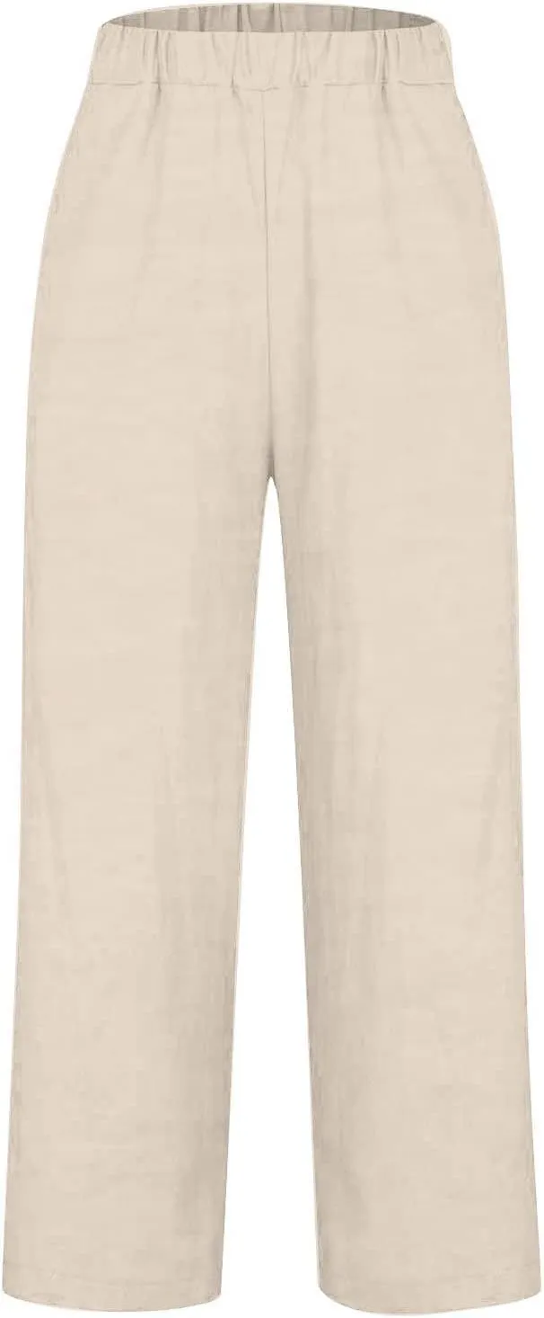 Women Wide Leg Linen Pants Casual Summer Elastic High Waisted Palazzo Pants Loose Flowy Cropped Trousers with Pockets