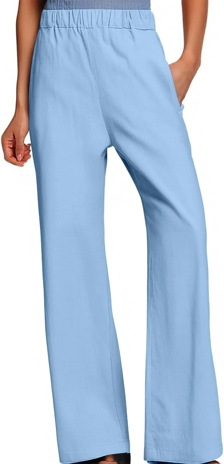 Women Wide Leg Linen Pants Casual Summer Elastic High Waisted Palazzo Pants Loose Flowy Cropped Trousers with Pockets