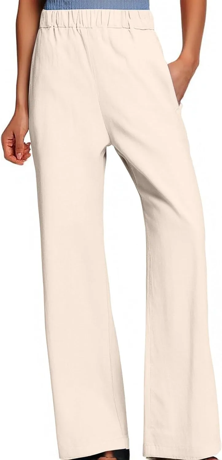 Women Wide Leg Linen Pants Casual Summer Elastic High Waisted Palazzo Pants Loose Flowy Cropped Trousers with Pockets