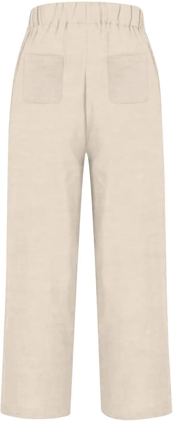 Women Wide Leg Linen Pants Casual Summer Elastic High Waisted Palazzo Pants Loose Flowy Cropped Trousers with Pockets