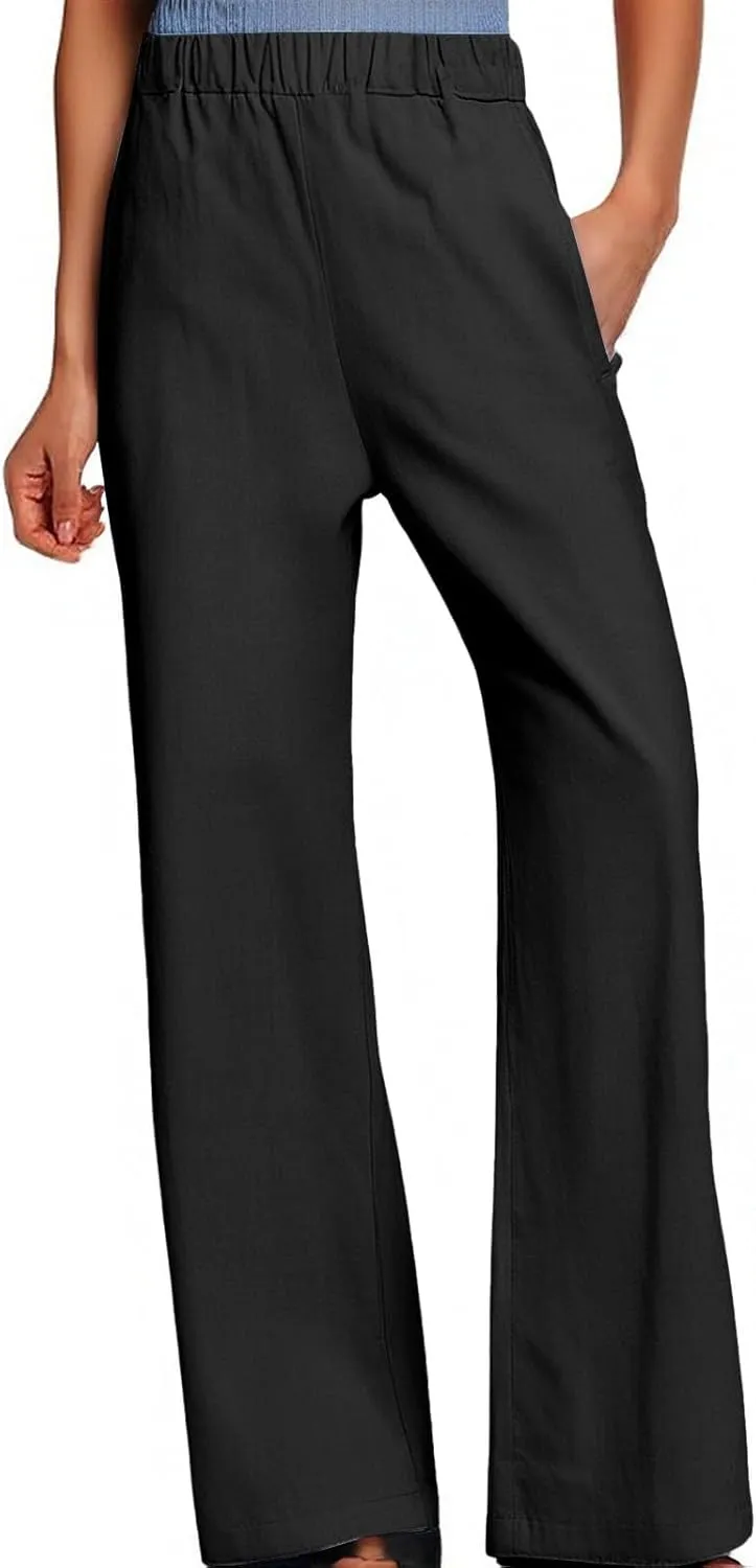 Women Wide Leg Linen Pants Casual Summer Elastic High Waisted Palazzo Pants Loose Flowy Cropped Trousers with Pockets