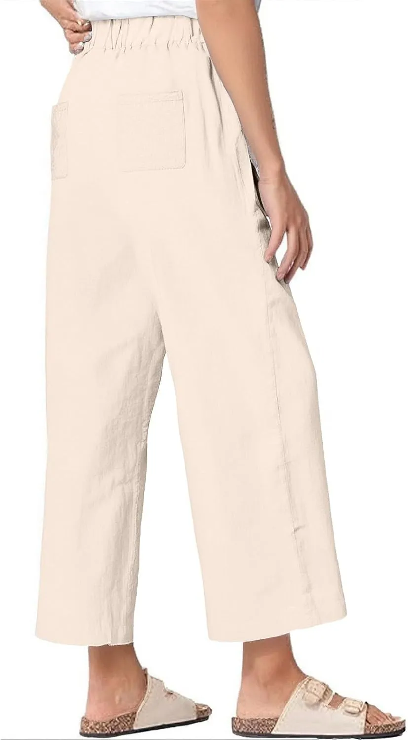 Women Wide Leg Linen Pants Casual Summer Elastic High Waisted Palazzo Pants Loose Flowy Cropped Trousers with Pockets