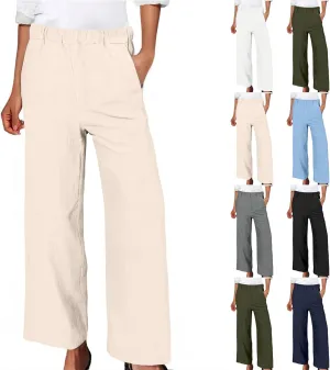 Women Wide Leg Linen Pants Casual Summer Elastic High Waisted Palazzo Pants Loose Flowy Cropped Trousers with Pockets