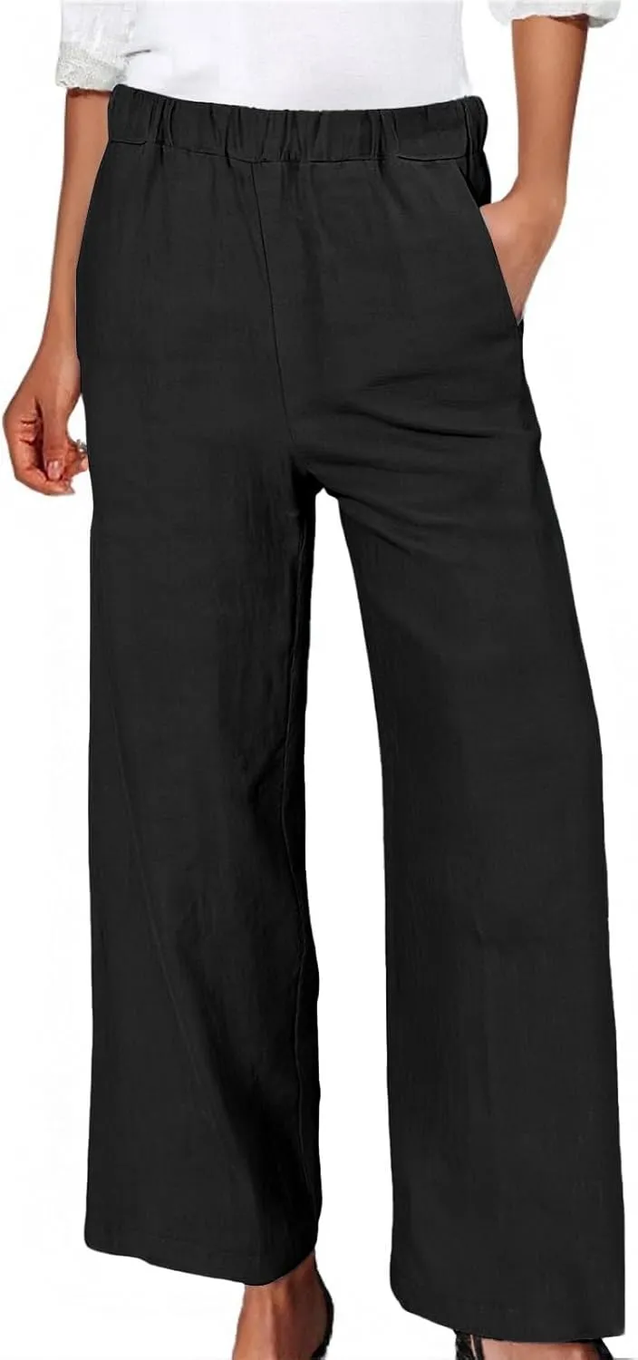 Women Wide Leg Linen Pants Casual Summer Elastic High Waisted Palazzo Pants Loose Flowy Cropped Trousers with Pockets