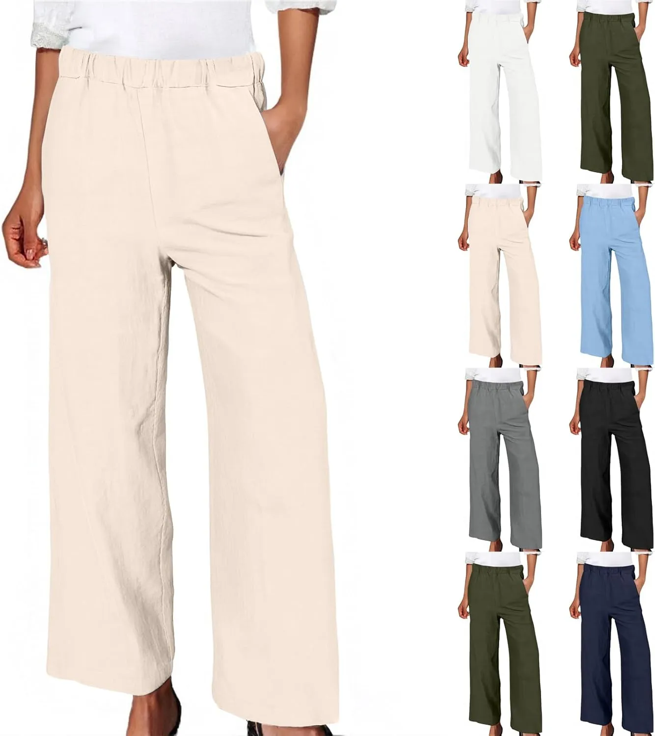 Women Wide Leg Linen Pants Casual Summer Elastic High Waisted Palazzo Pants Loose Flowy Cropped Trousers with Pockets