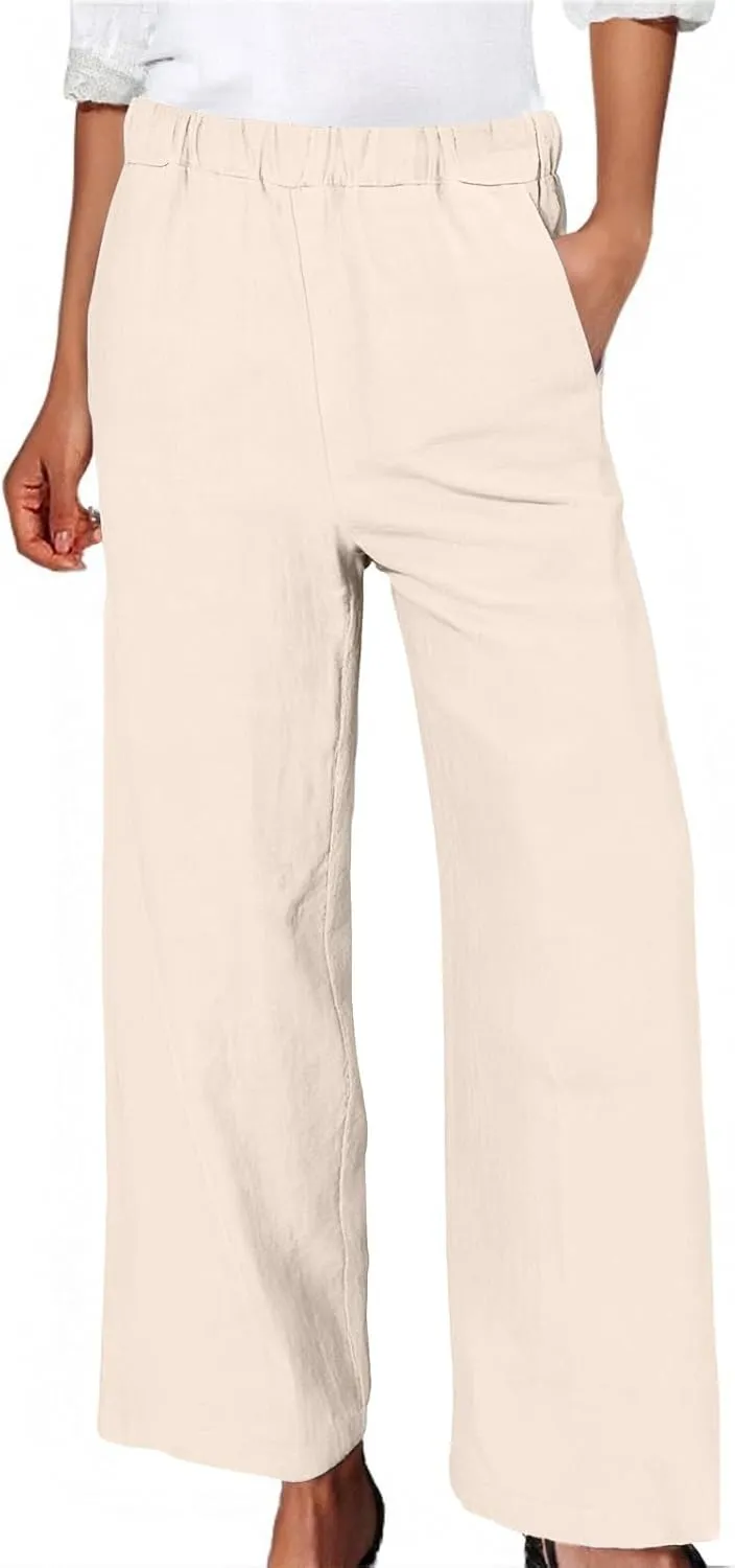 Women Wide Leg Linen Pants Casual Summer Elastic High Waisted Palazzo Pants Loose Flowy Cropped Trousers with Pockets