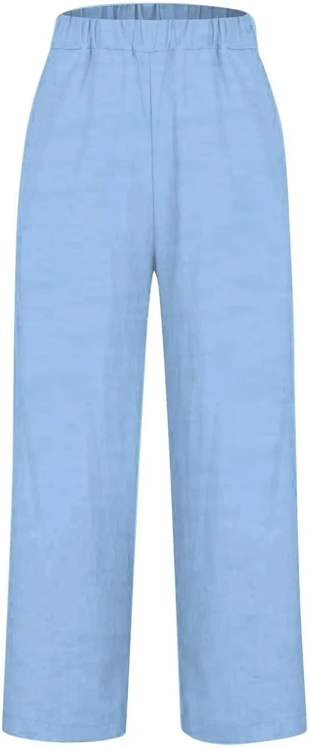 Women Wide Leg Linen Pants Casual Summer Elastic High Waisted Palazzo Pants Loose Flowy Cropped Trousers with Pockets