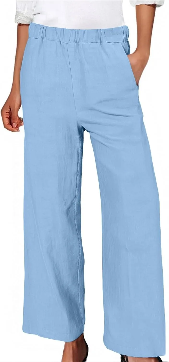 Women Wide Leg Linen Pants Casual Summer Elastic High Waisted Palazzo Pants Loose Flowy Cropped Trousers with Pockets