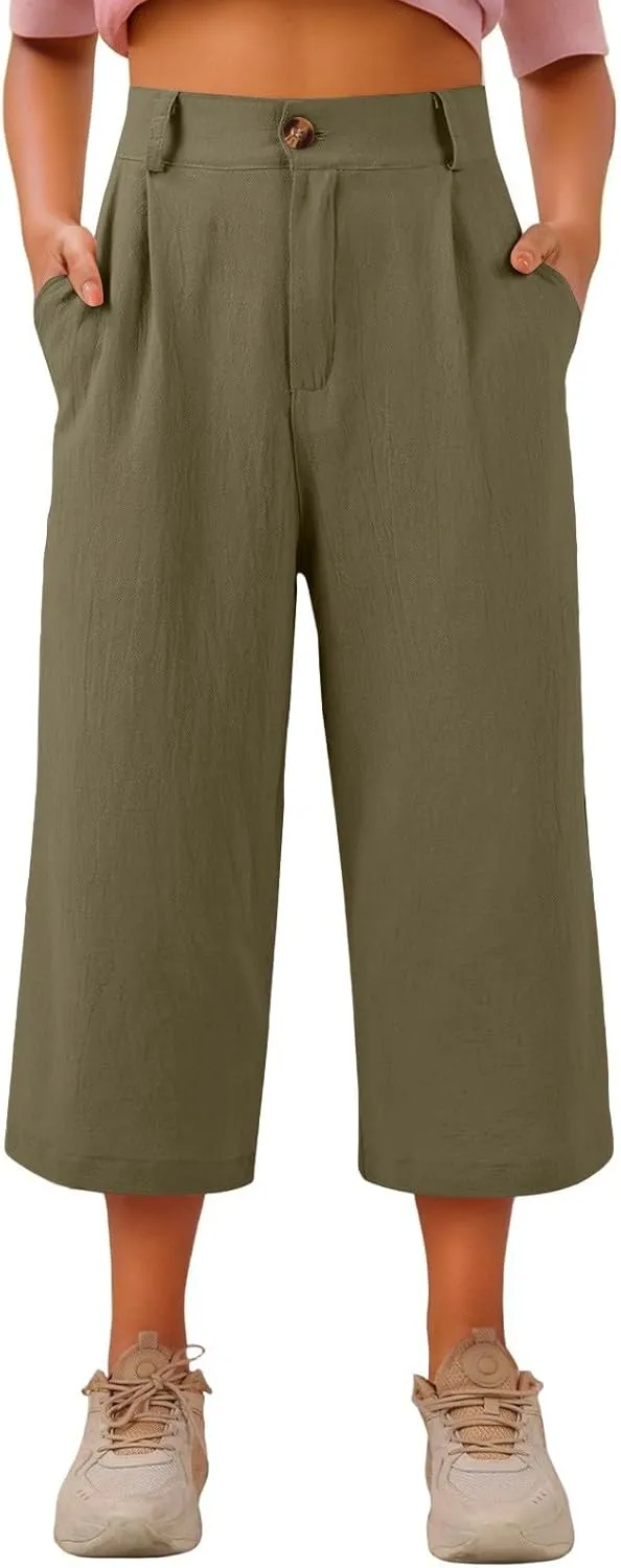 Womens Capri Pants Casual Summer Loose Fit Wide Leg Linen Pants Trendy Button Down Waist Cropped Trouser with Pockets