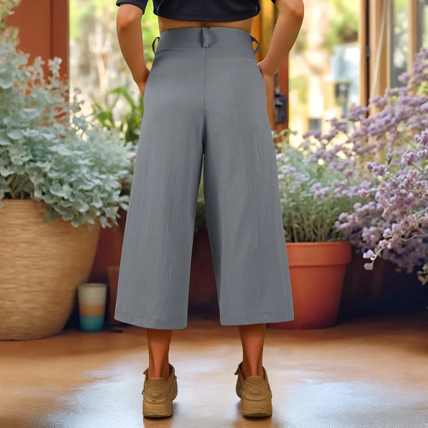 Women's Capri Pants Casual Summer Loose Fit Wide Leg Linen Pants Trendy Button Down Waist Cropped Trouser with Pockets