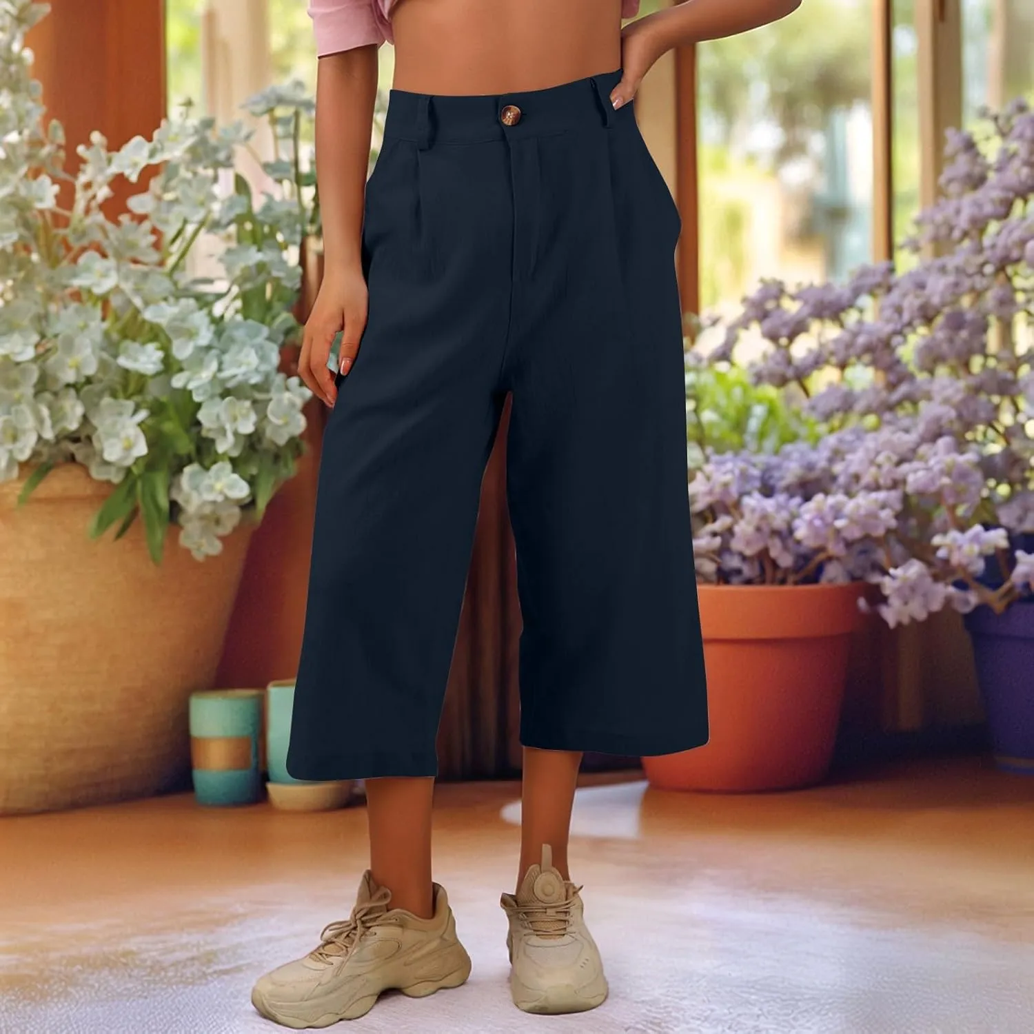 Women's Capri Pants Casual Summer Loose Fit Wide Leg Linen Pants Trendy Button Down Waist Cropped Trouser with Pockets