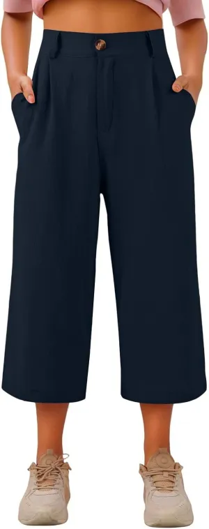 Women's Capri Pants Casual Summer Loose Fit Wide Leg Linen Pants Trendy Button Down Waist Cropped Trouser with Pockets