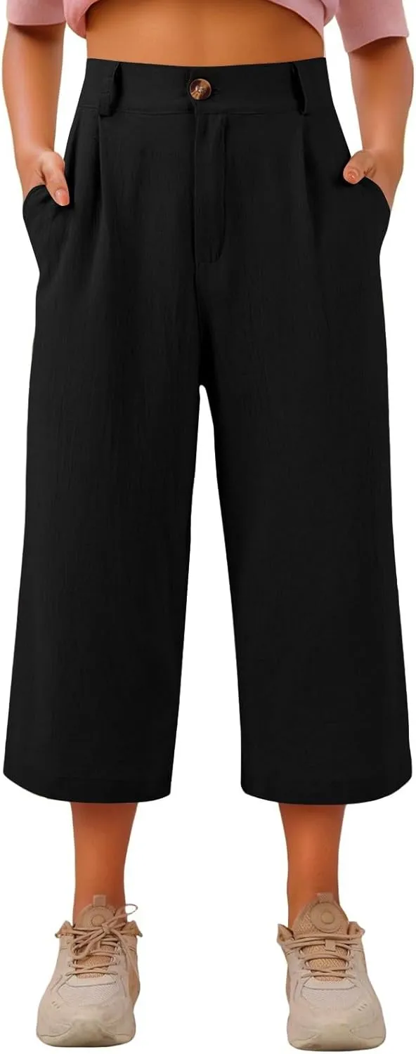 Womens Capri Pants Casual Summer Loose Fit Wide Leg Linen Pants Trendy Button Down Waist Cropped Trouser with Pockets