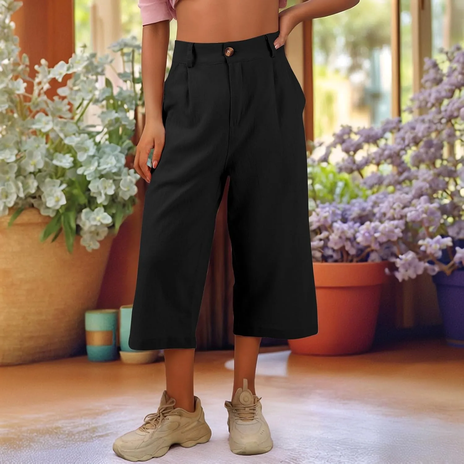 Womens Capri Pants Casual Summer Loose Fit Wide Leg Linen Pants Trendy Button Down Waist Cropped Trouser with Pockets