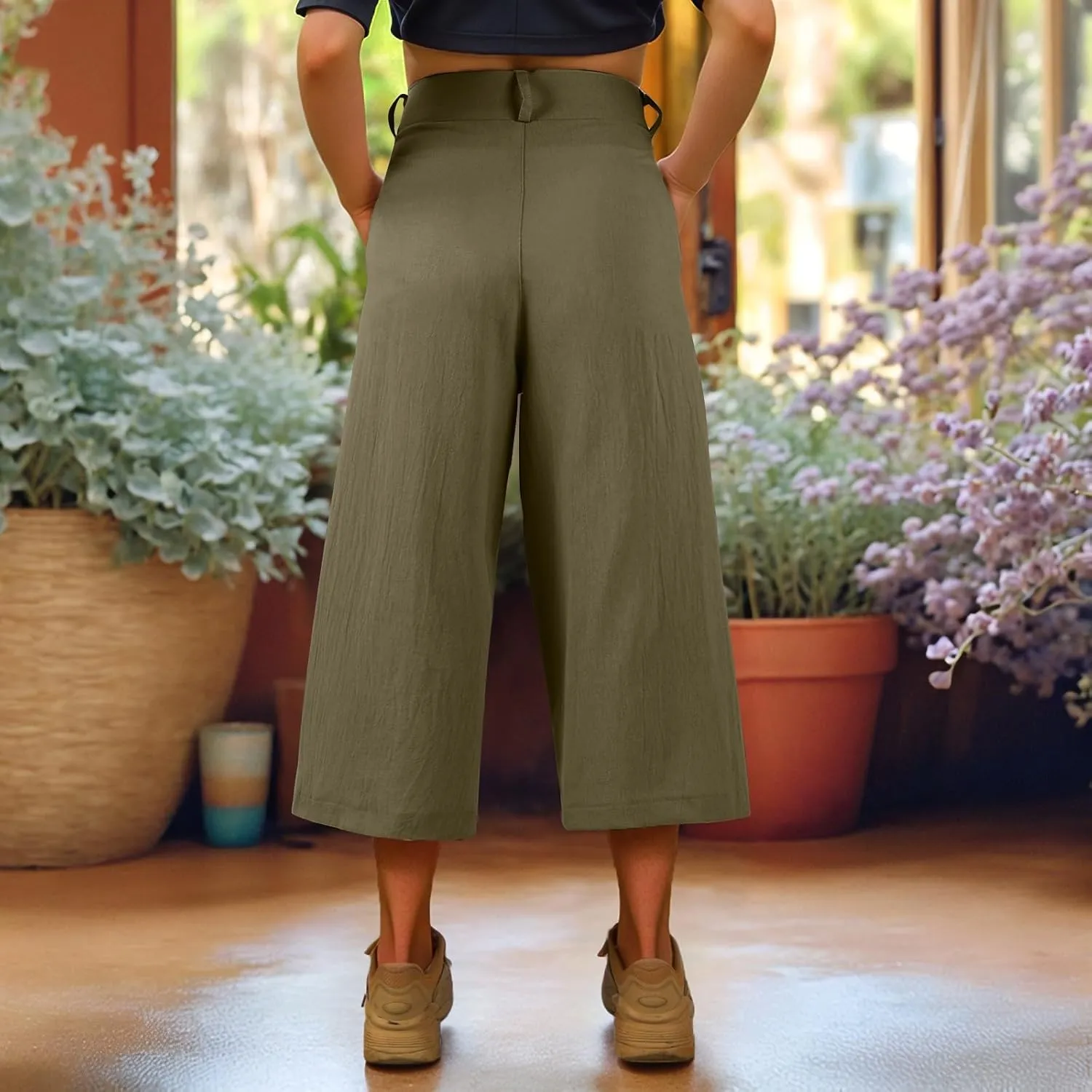 Women's Capri Pants Casual Summer Loose Fit Wide Leg Linen Pants Trendy Button Down Waist Cropped Trouser with Pockets