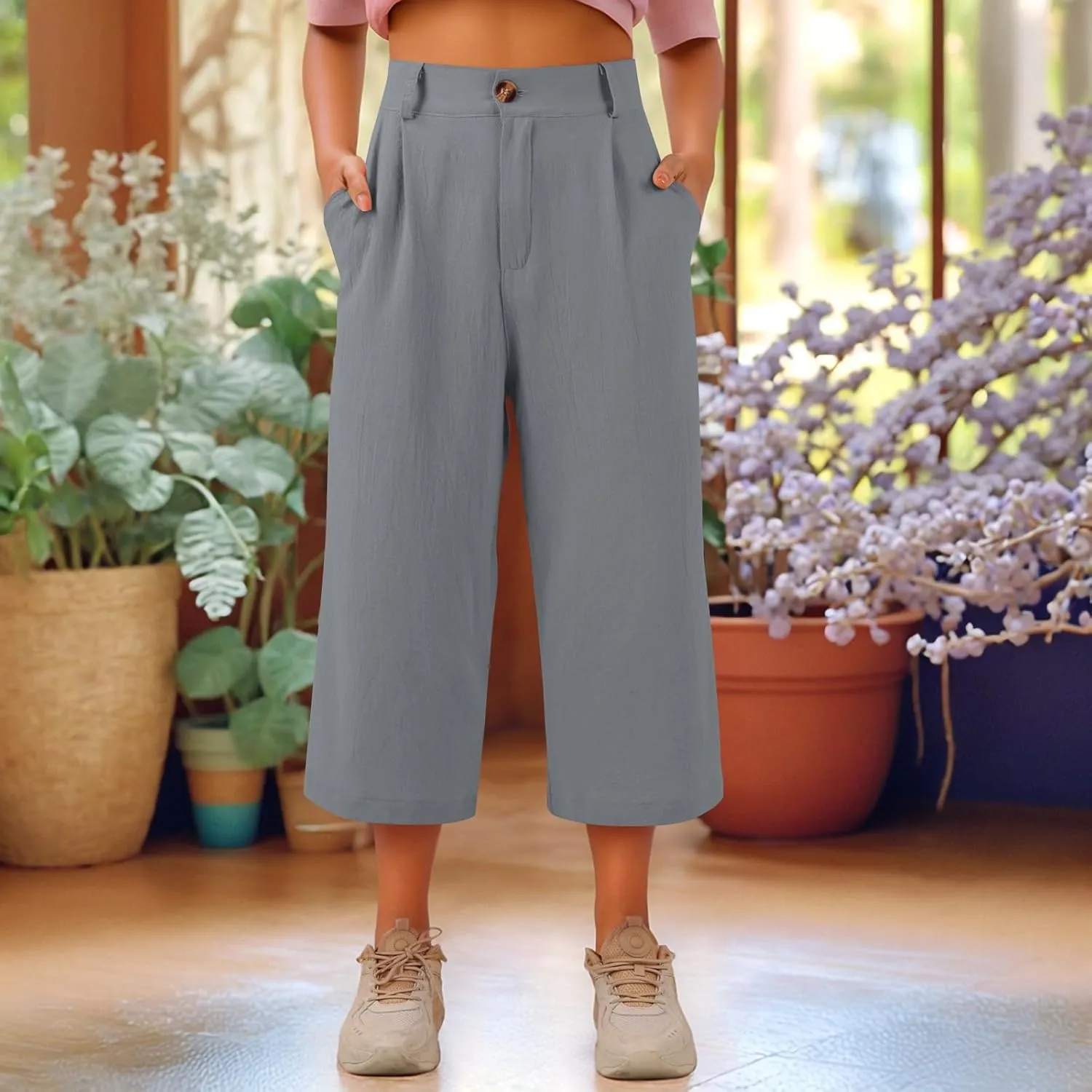 Women's Capri Pants Casual Summer Loose Fit Wide Leg Linen Pants Trendy Button Down Waist Cropped Trouser with Pockets