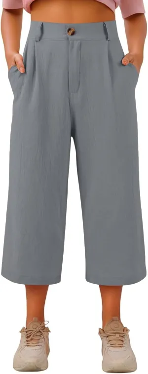 Women's Capri Pants Casual Summer Loose Fit Wide Leg Linen Pants Trendy Button Down Waist Cropped Trouser with Pockets