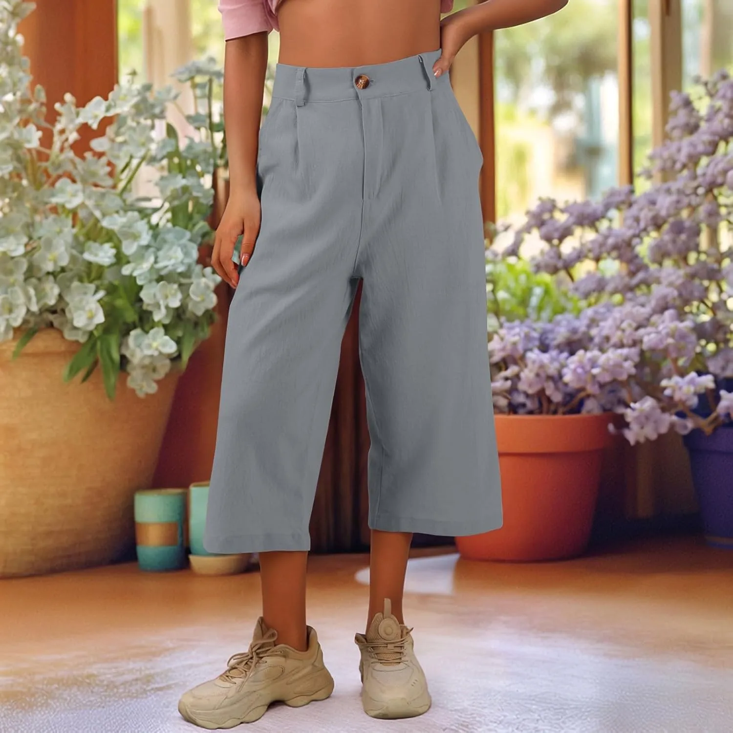 Women's Capri Pants Casual Summer Loose Fit Wide Leg Linen Pants Trendy Button Down Waist Cropped Trouser with Pockets