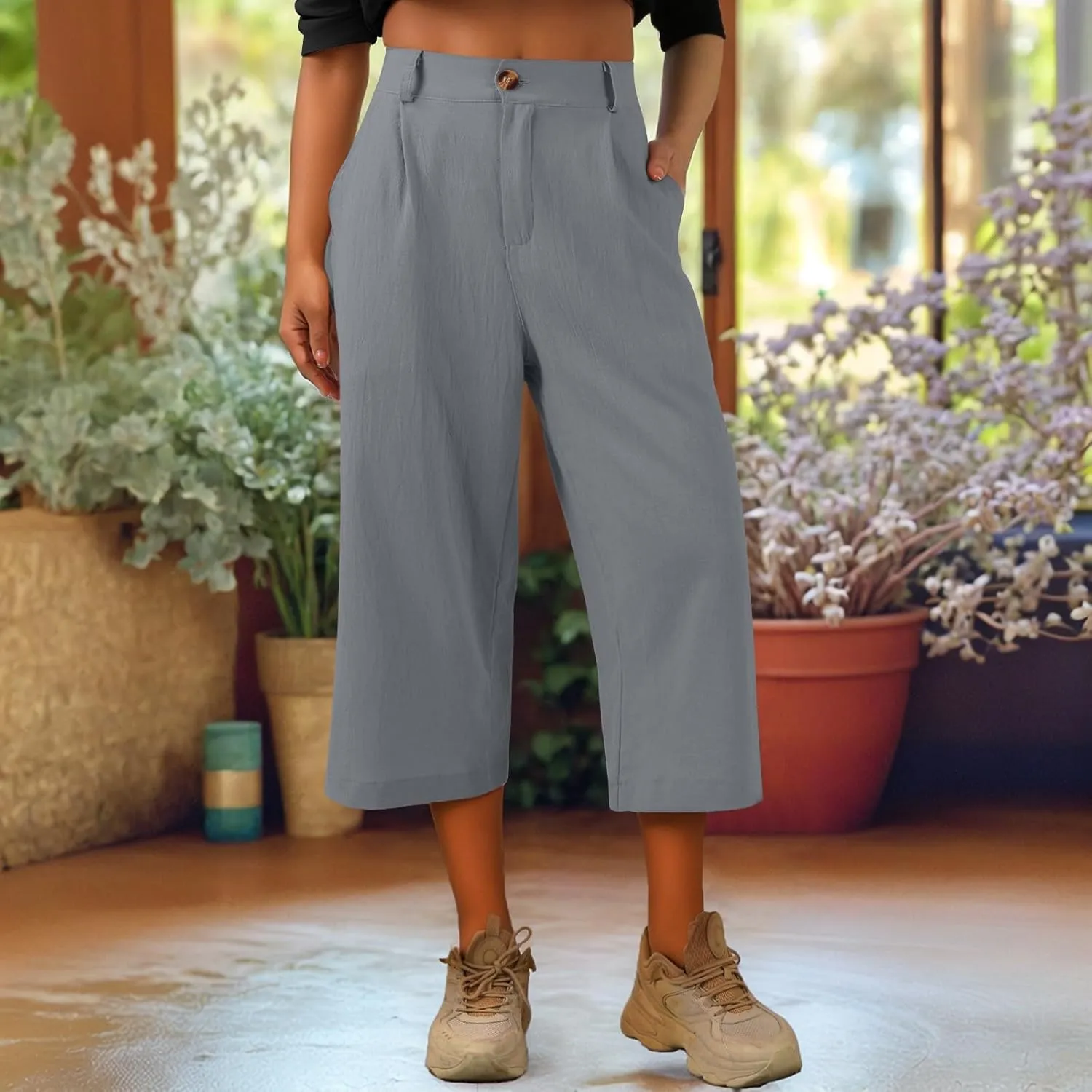 Women's Capri Pants Casual Summer Loose Fit Wide Leg Linen Pants Trendy Button Down Waist Cropped Trouser with Pockets