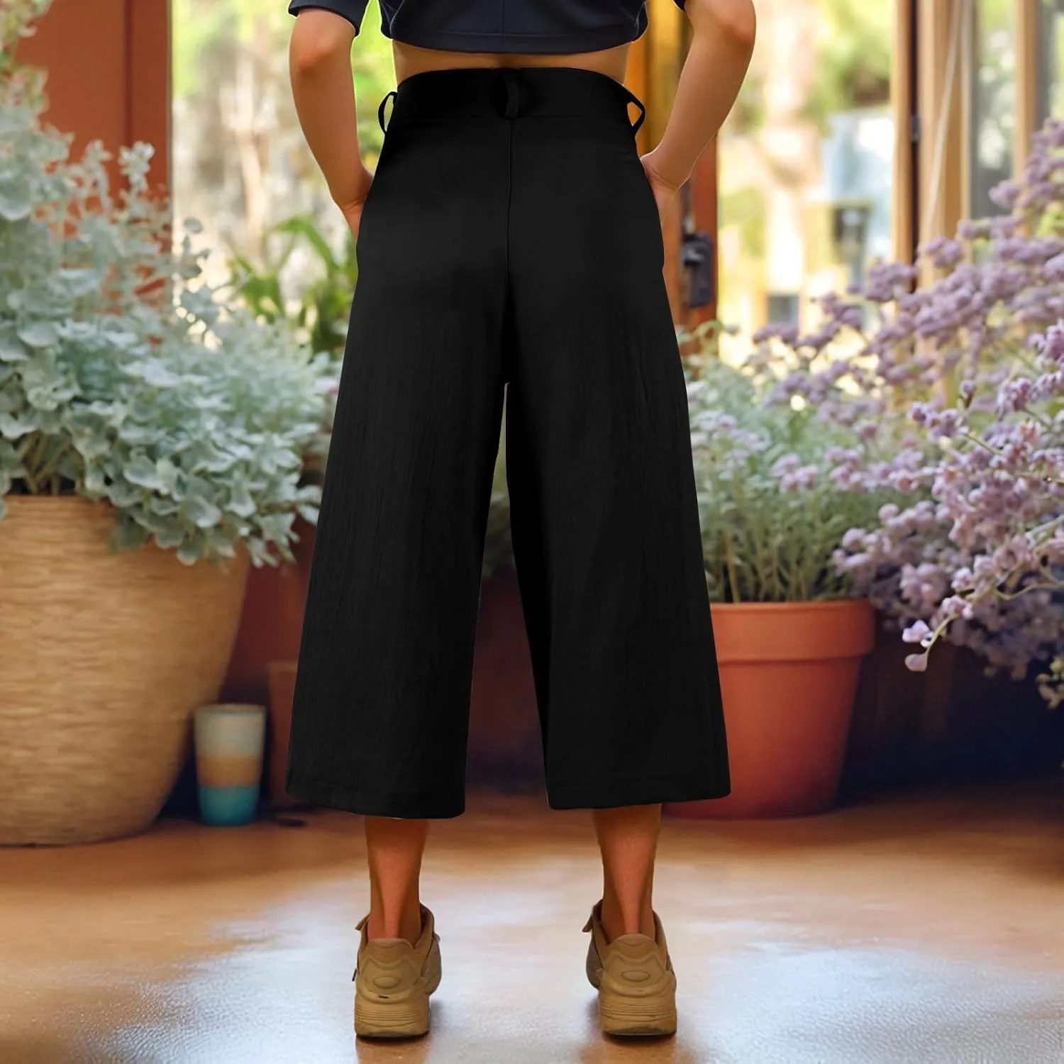 Womens Capri Pants Casual Summer Loose Fit Wide Leg Linen Pants Trendy Button Down Waist Cropped Trouser with Pockets