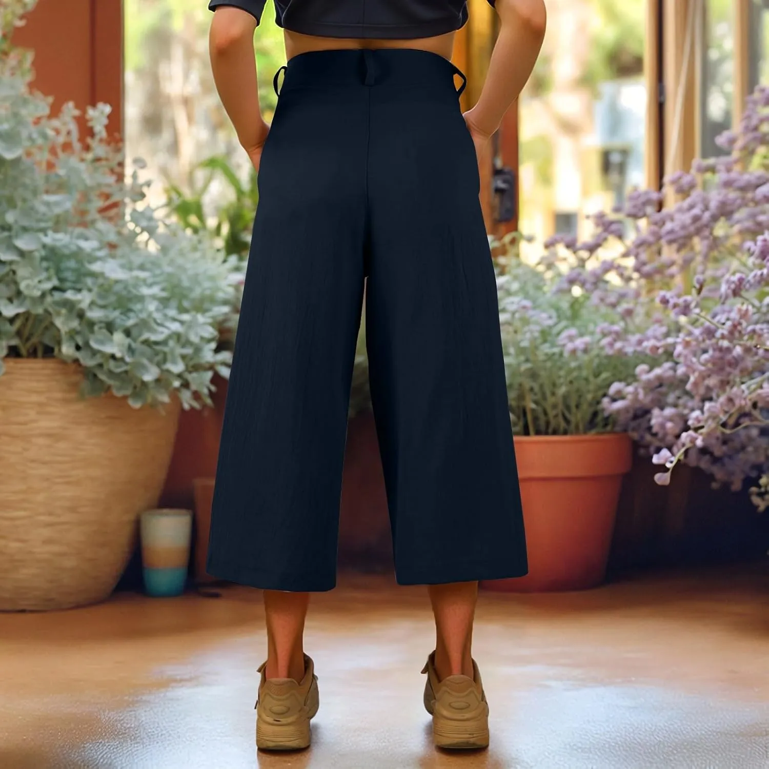Women's Capri Pants Casual Summer Loose Fit Wide Leg Linen Pants Trendy Button Down Waist Cropped Trouser with Pockets