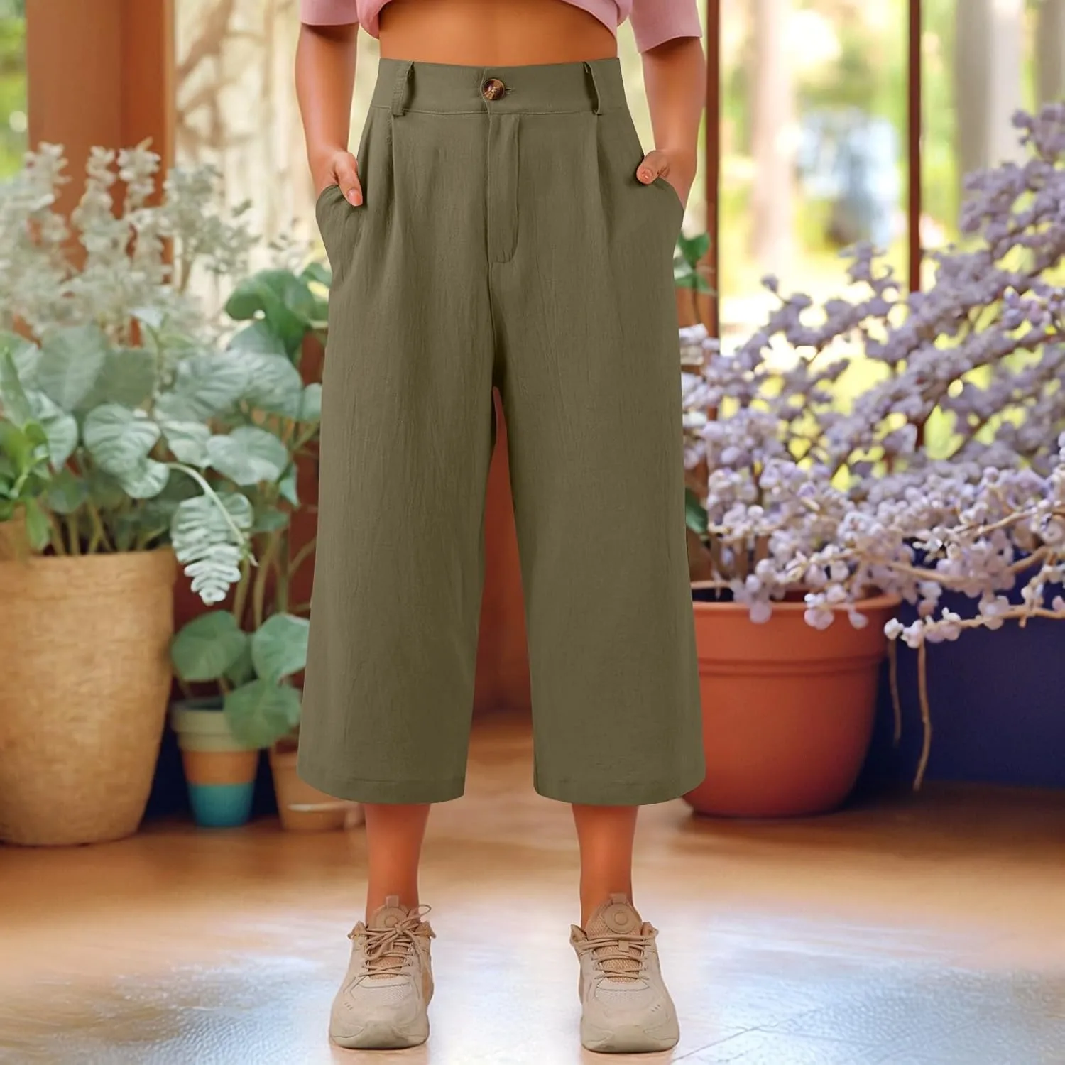 Womens Capri Pants Casual Summer Loose Fit Wide Leg Linen Pants Trendy Button Down Waist Cropped Trouser with Pockets