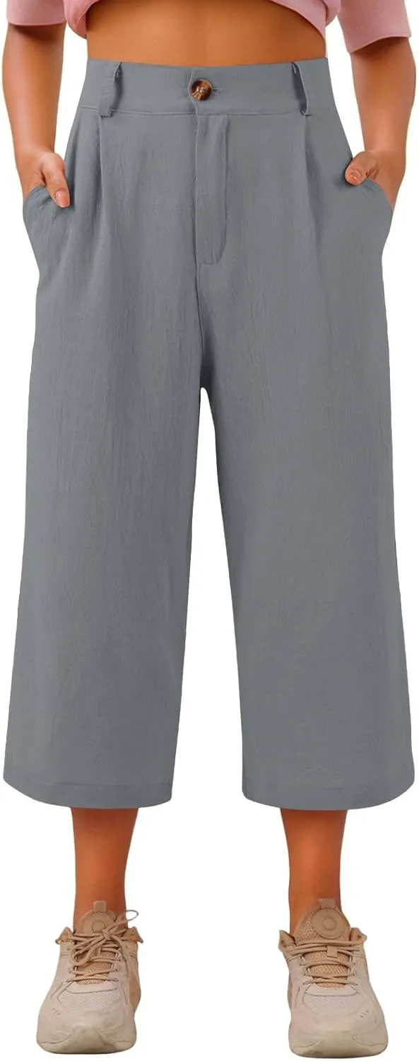 Women's Capri Pants Casual Summer Loose Fit Wide Leg Linen Pants Trendy Button Down Waist Cropped Trouser with Pockets