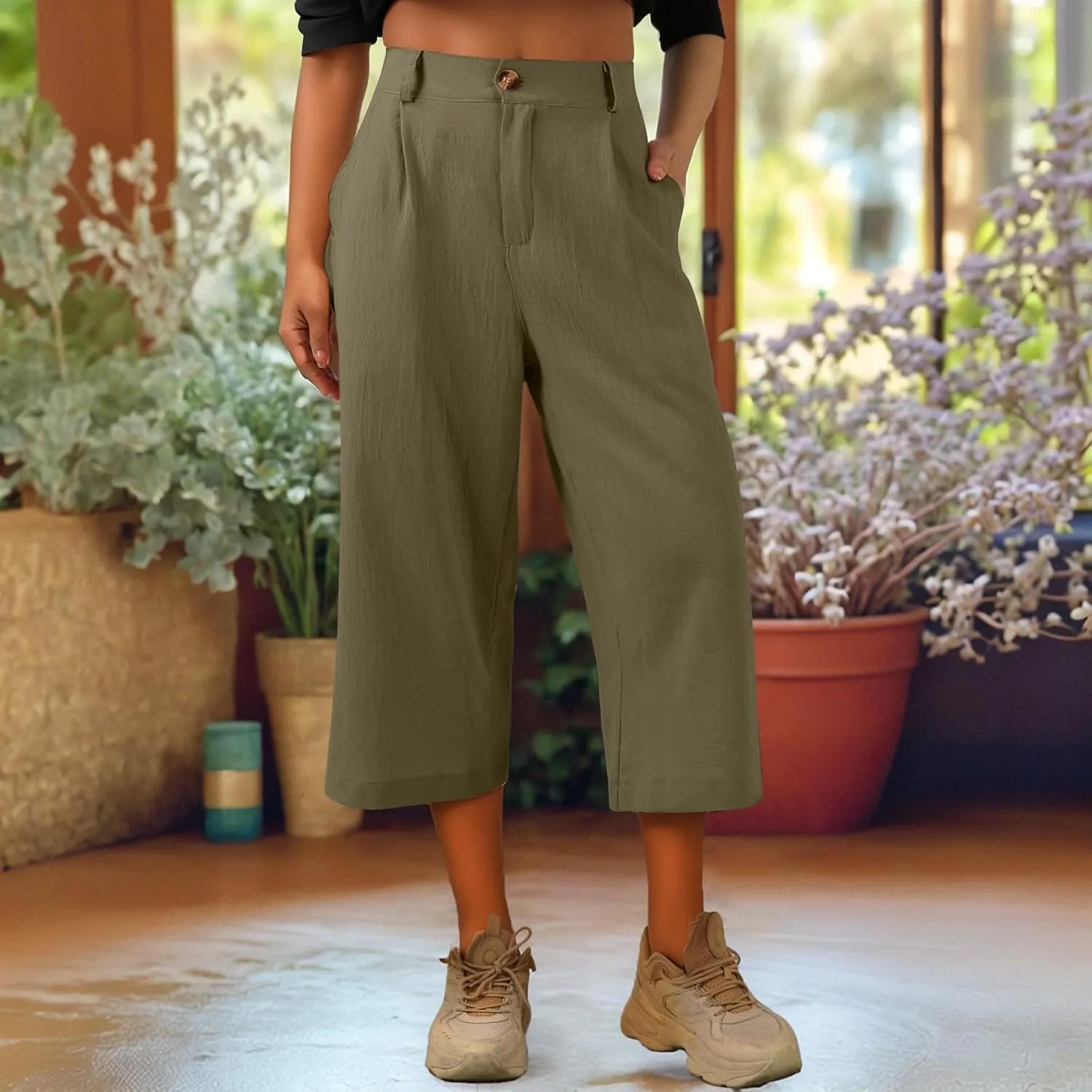 Women's Capri Pants Casual Summer Loose Fit Wide Leg Linen Pants Trendy Button Down Waist Cropped Trouser with Pockets