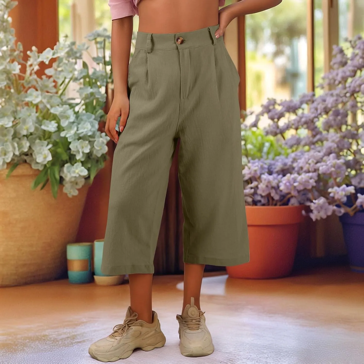 Womens Capri Pants Casual Summer Loose Fit Wide Leg Linen Pants Trendy Button Down Waist Cropped Trouser with Pockets