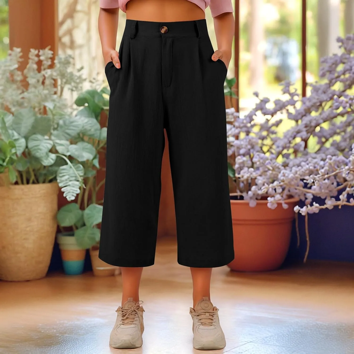 Womens Capri Pants Casual Summer Loose Fit Wide Leg Linen Pants Trendy Button Down Waist Cropped Trouser with Pockets