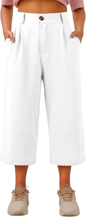 Women's Capri Pants Casual Summer Loose Fit Wide Leg Linen Pants Trendy Button Down Waist Cropped Trouser with Pockets