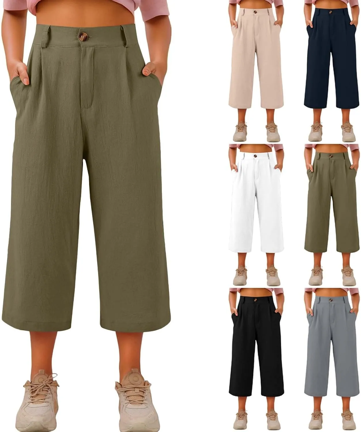Womens Capri Pants Casual Summer Loose Fit Wide Leg Linen Pants Trendy Button Down Waist Cropped Trouser with Pockets