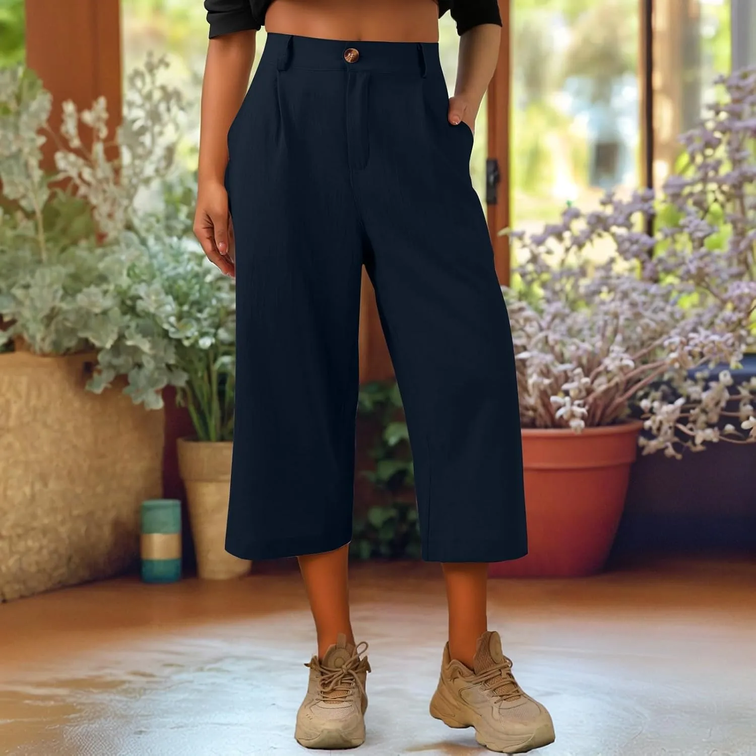 Women's Capri Pants Casual Summer Loose Fit Wide Leg Linen Pants Trendy Button Down Waist Cropped Trouser with Pockets