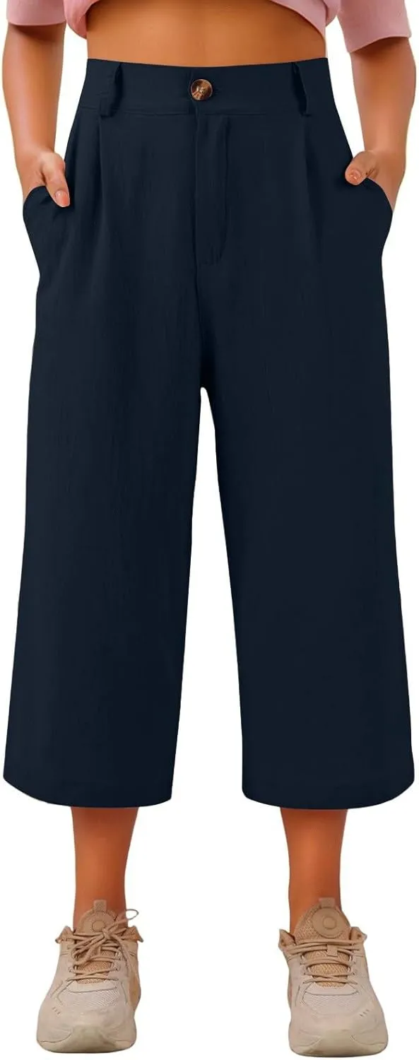 Women's Capri Pants Casual Summer Loose Fit Wide Leg Linen Pants Trendy Button Down Waist Cropped Trouser with Pockets