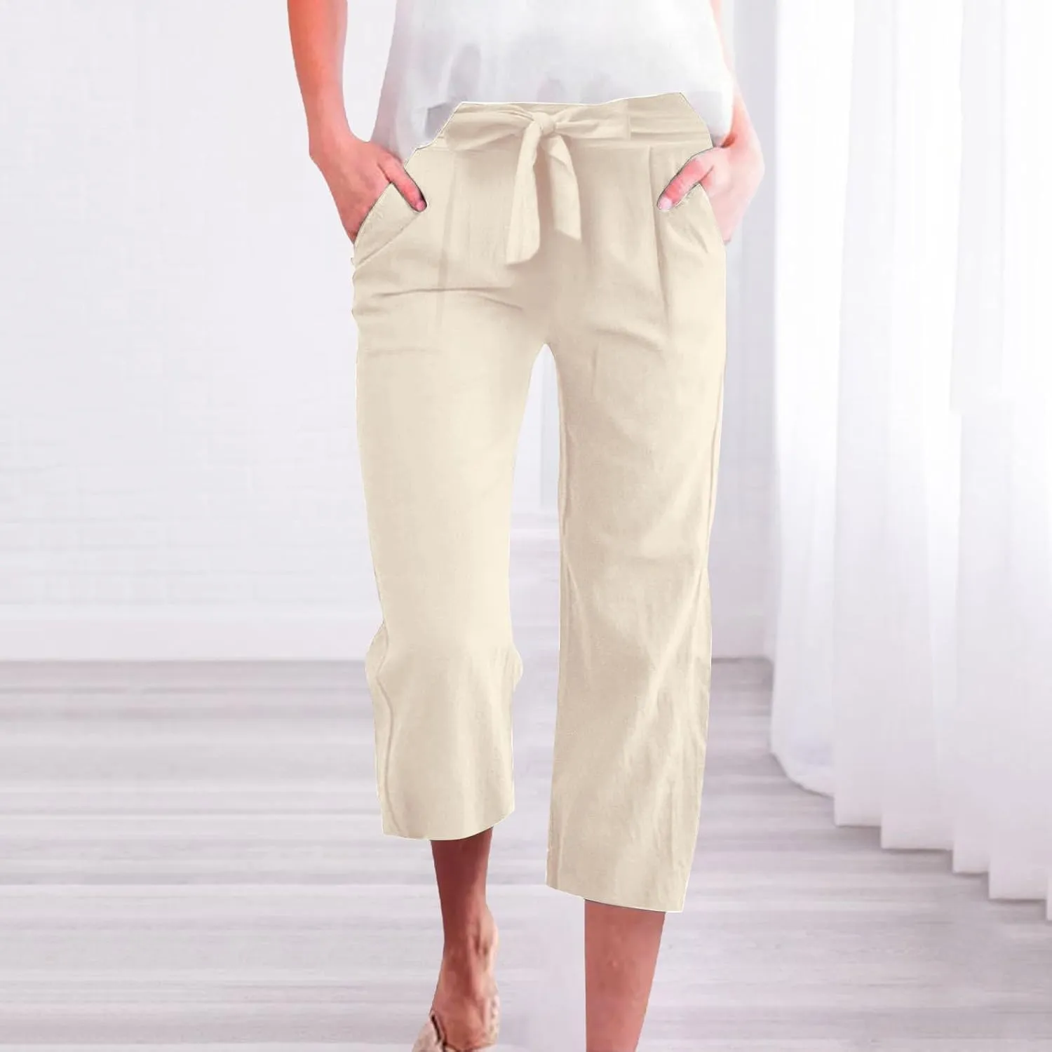 Womens Capri Pants Casual Summer Loose Wide Leg Linen Pants Trendy Tie Belt Elastic Waist Cropped Trouser with Pockets
