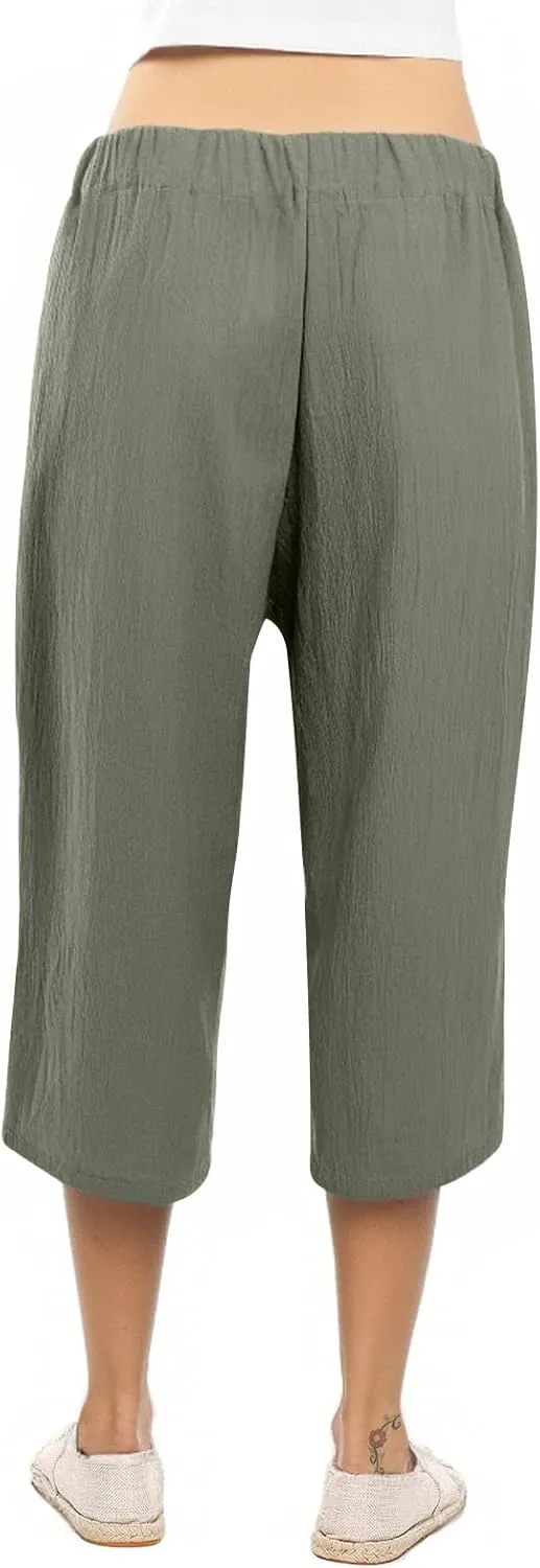 Womens Capri Pants Casual Summer Loose Wide Leg Linen Pants Trendy Tie Belt Elastic Waist Cropped Trouser with Pockets