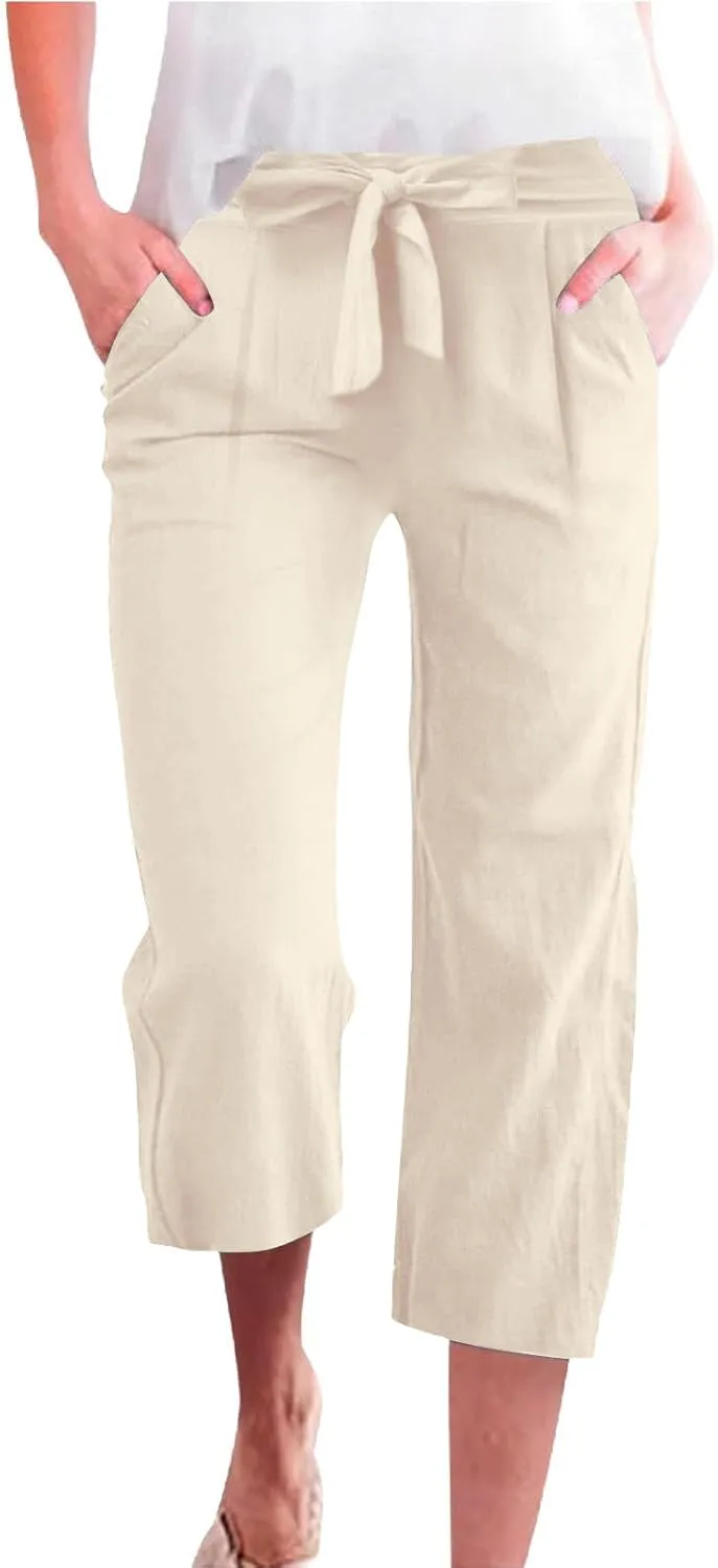 Womens Capri Pants Casual Summer Loose Wide Leg Linen Pants Trendy Tie Belt Elastic Waist Cropped Trouser with Pockets