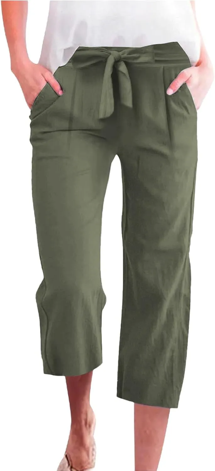 Womens Capri Pants Casual Summer Loose Wide Leg Linen Pants Trendy Tie Belt Elastic Waist Cropped Trouser with Pockets