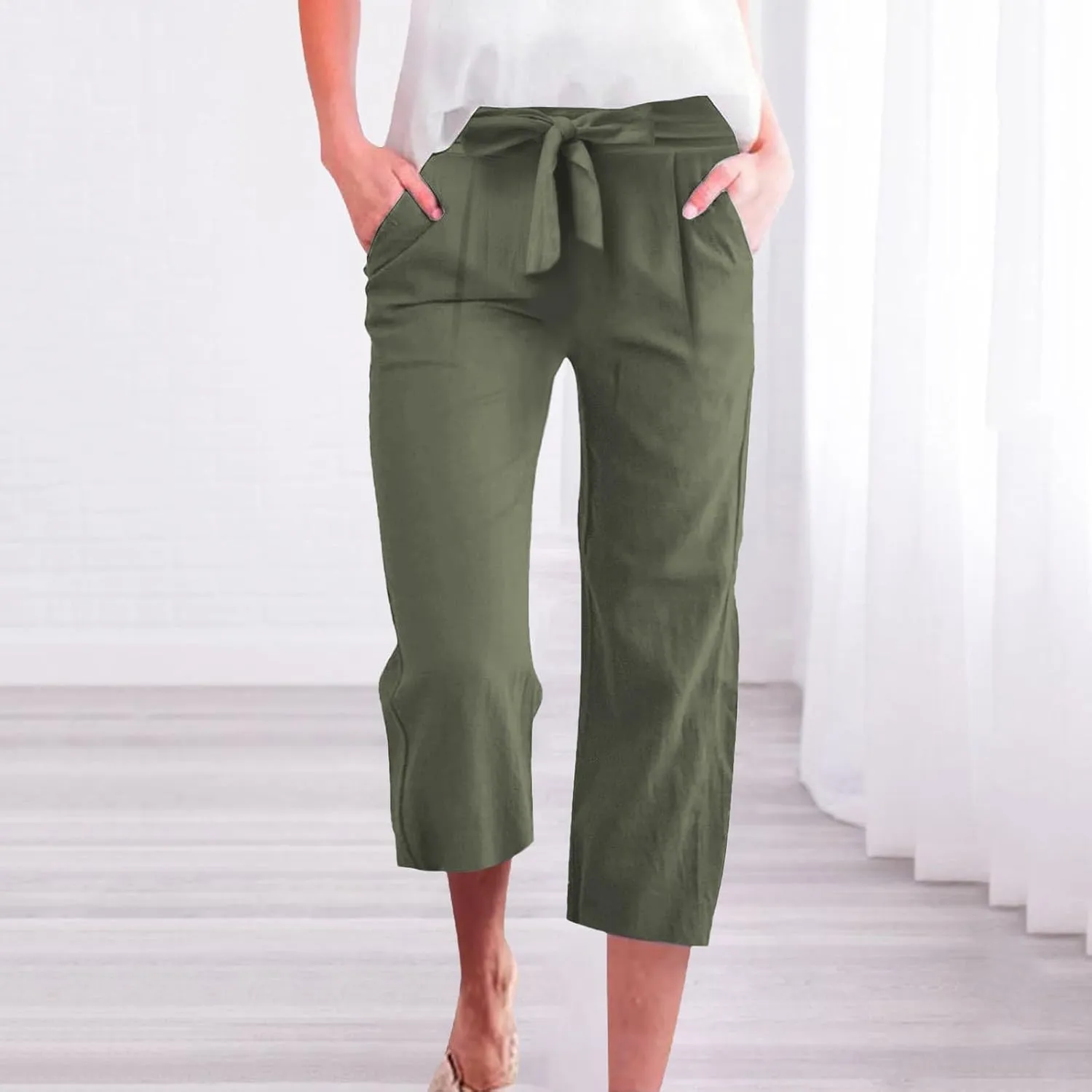 Womens Capri Pants Casual Summer Loose Wide Leg Linen Pants Trendy Tie Belt Elastic Waist Cropped Trouser with Pockets