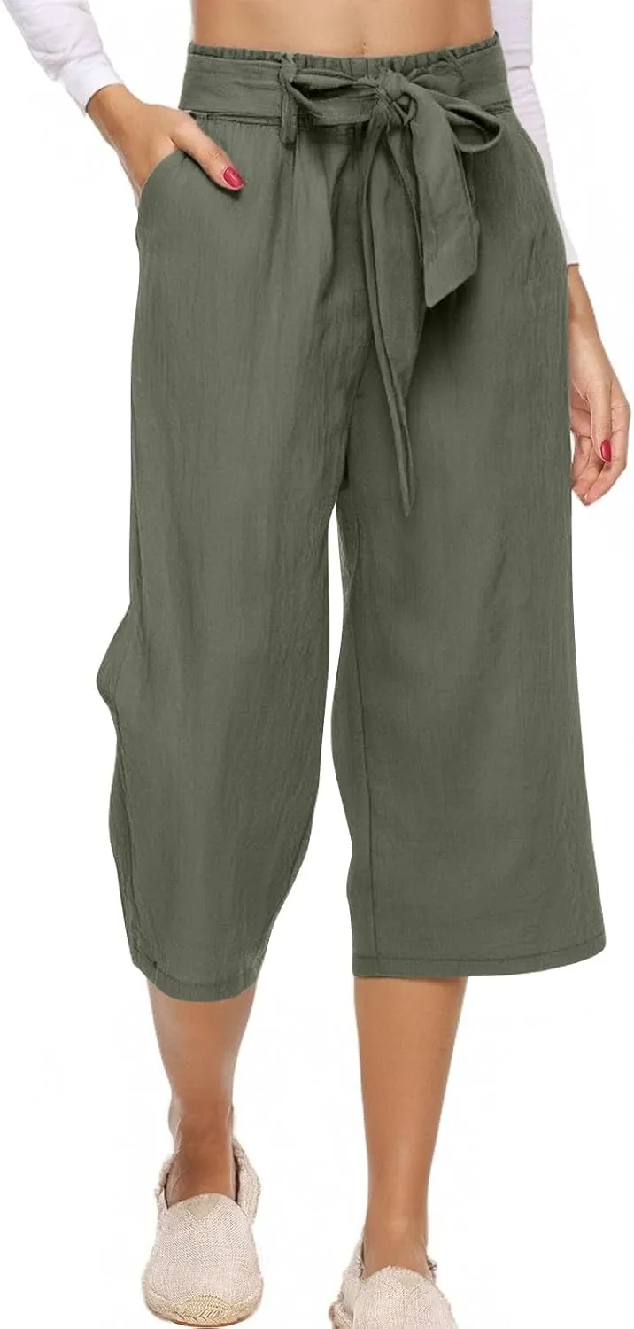 Womens Capri Pants Casual Summer Loose Wide Leg Linen Pants Trendy Tie Belt Elastic Waist Cropped Trouser with Pockets