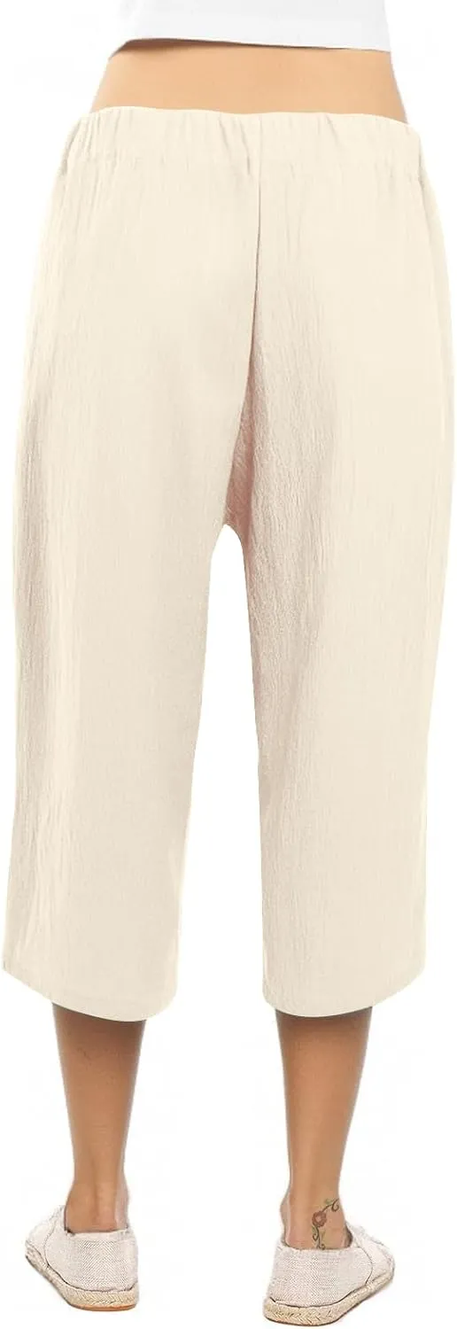 Womens Capri Pants Casual Summer Loose Wide Leg Linen Pants Trendy Tie Belt Elastic Waist Cropped Trouser with Pockets