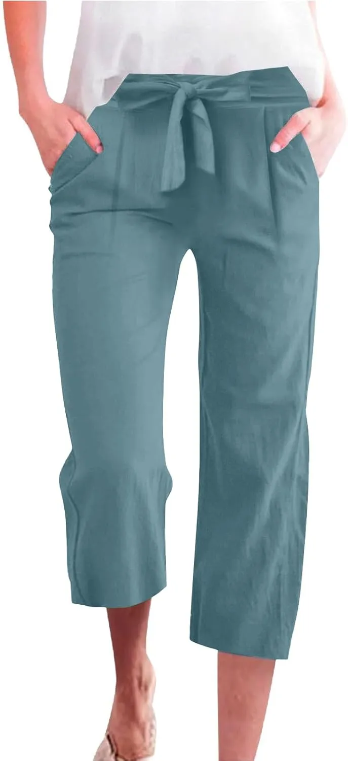 Womens Capri Pants Casual Summer Loose Wide Leg Linen Pants Trendy Tie Belt Elastic Waist Cropped Trouser with Pockets