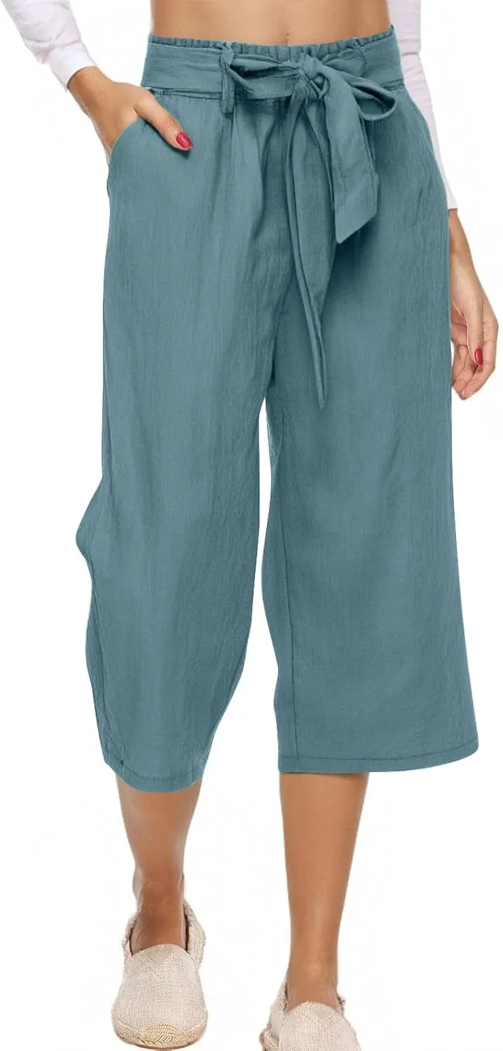 Womens Capri Pants Casual Summer Loose Wide Leg Linen Pants Trendy Tie Belt Elastic Waist Cropped Trouser with Pockets