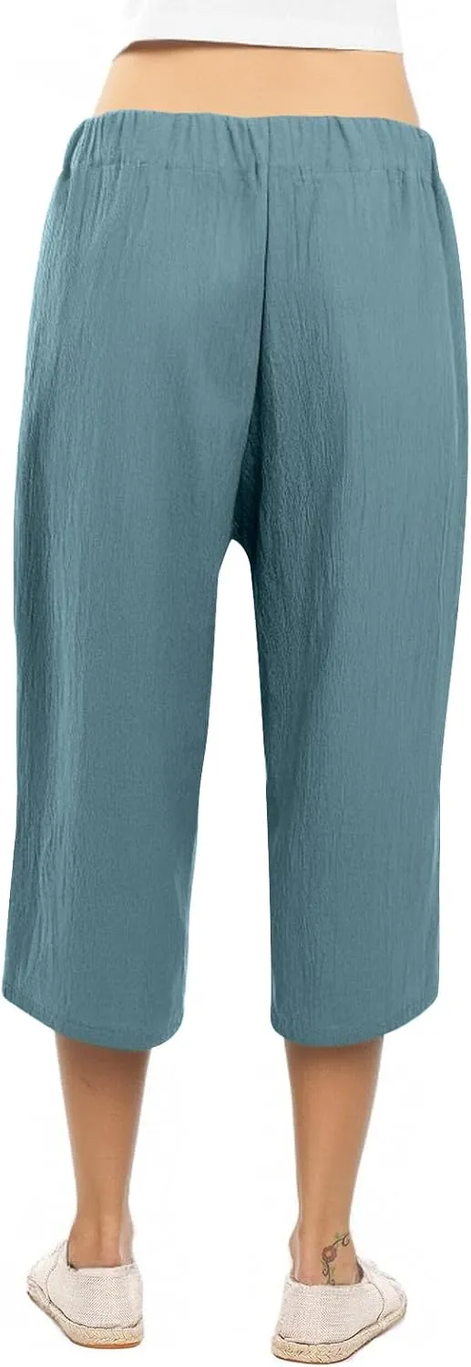 Womens Capri Pants Casual Summer Loose Wide Leg Linen Pants Trendy Tie Belt Elastic Waist Cropped Trouser with Pockets