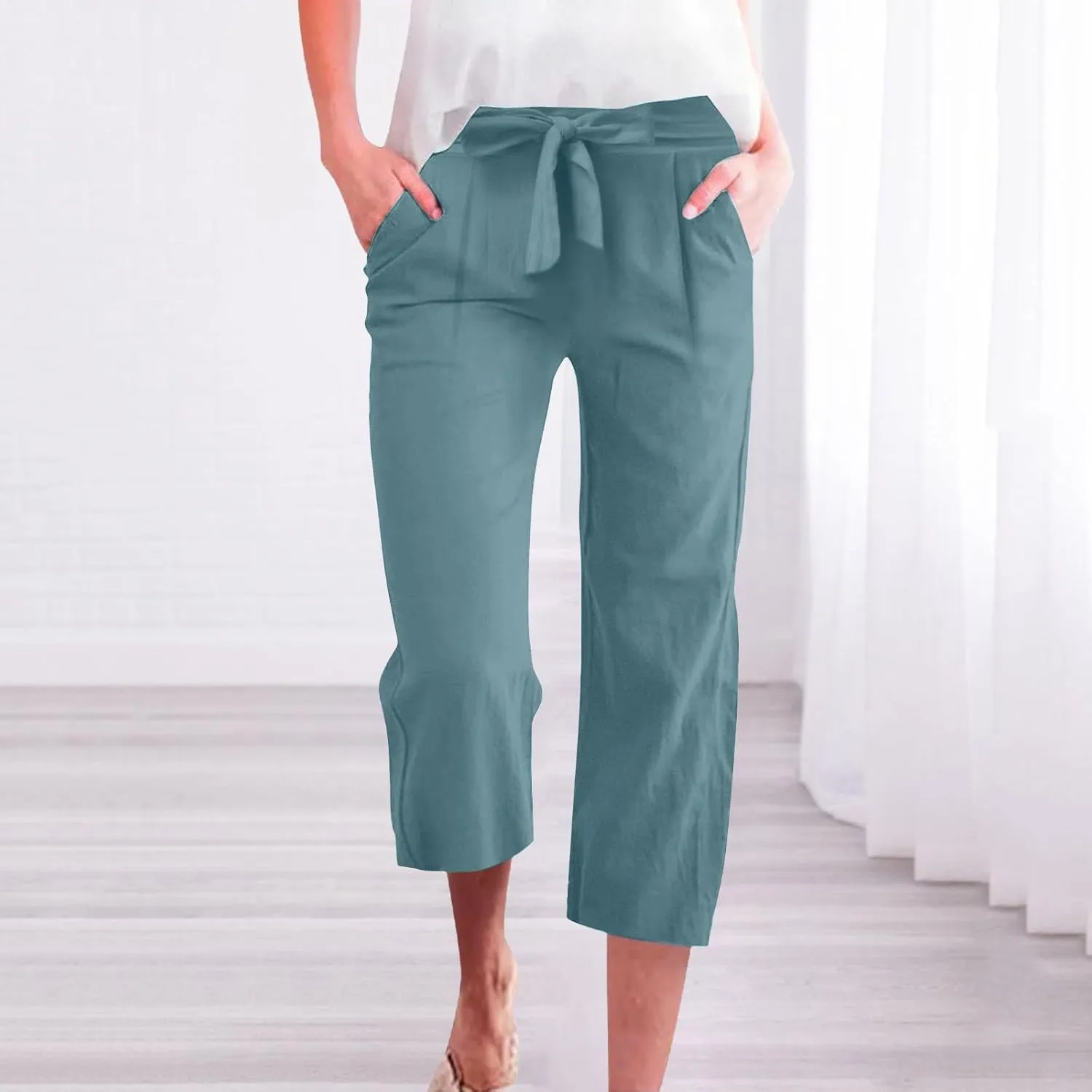 Womens Capri Pants Casual Summer Loose Wide Leg Linen Pants Trendy Tie Belt Elastic Waist Cropped Trouser with Pockets